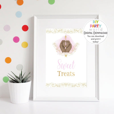 DIY Pink Baby Feet Gold Cross Sweet Treats Sign Printable R1001 - DIY Party World