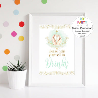 DIY Green Baby Feet Gold Cross Drinks Table Sign Printable R1001 - DIY Party World