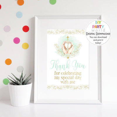 DIY Green Baby Feet Gold Cross Thank You Printable R1001 - DIY Party World