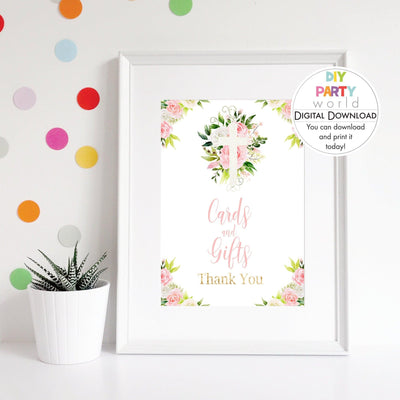 DIY Pink Floral White Cross Cards and Gifts Sign Printable R1003 - DIY Party World