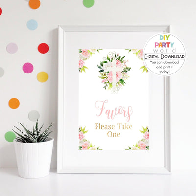 DIY Pink Floral White Cross Favors Sign Printable R1003 - DIY Party World