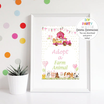 DIY Pink Farm Animals Adopt a Farm Animal Sign Printable  B1008 - DIY Party World