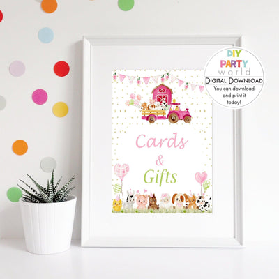 DIY Pink Farm Animals Cards and Gifts Sign Printable  B1008 - DIY Party World