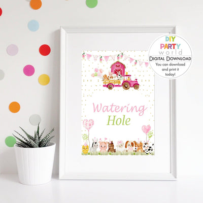 DIY Pink Farm Animals Watering Hole Drinks Table Sign Printable B1008 - DIY Party World