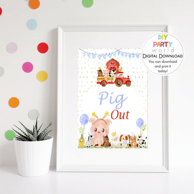 DIY Blue Farm Animals Pig Out Food Table Sign Printable B1008 - DIY Party World
