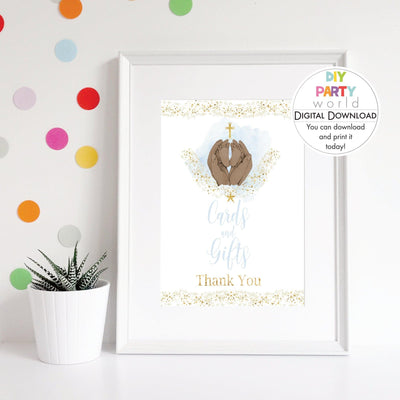 DIY Blue Baby Feet Gold Cross Cards and Gifts Sign Printable R1001 - DIY Party World