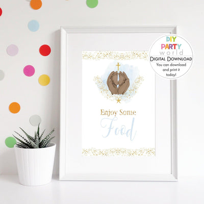 DIY Blue Baby Feet Gold Cross Food Sign Printable R1001 - DIY Party World