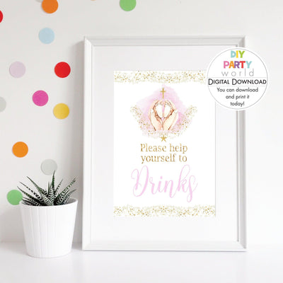 DIY Pink Baby Feet Gold Cross Drinks Table Sign Printable R1001 - DIY Party World
