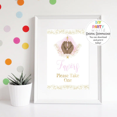 DIY Pink Baby Feet Gold Cross Favors Sign Printable R1001 - DIY Party World