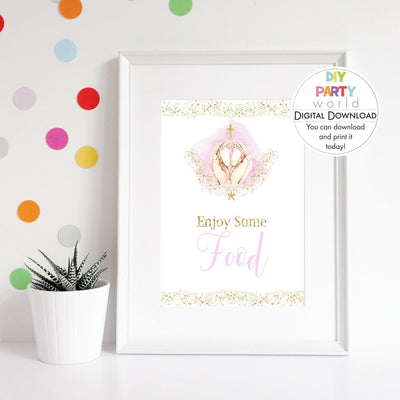 DIY Pink Baby Feet Gold Cross Food Table Sign Printable R1001 - DIY Party World