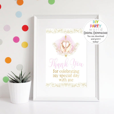 DIY Pink Baby Feet Gold Cross Thank You Printable R1001 - DIY Party World