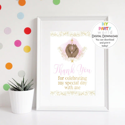 DIY Pink Baby Feet Gold Cross Thank You Sign Printable R1001 - DIY Party World