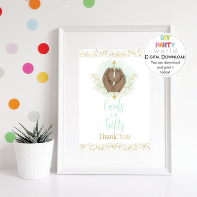 DIY Green Baby Feet Gold Cross Cards and Gifts Table Sign Printable R1001 - DIY Party World