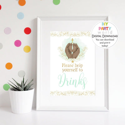 DIY Green Baby Feet Gold Cross Drinks Sign Printable R1001 - DIY Party World