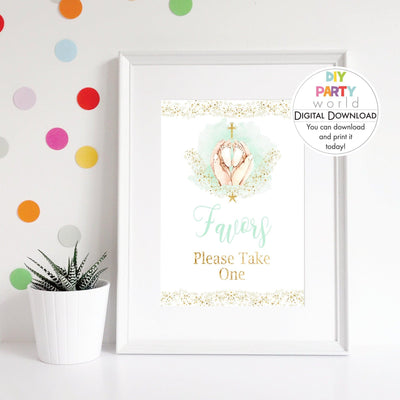 DIY Green Baby Feet Gold Cross Favors Table Sign Printable R1001 - DIY Party World