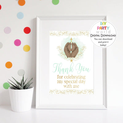 DIY Green Baby Feet Gold Cross Thank You Sign Printable R1001 - DIY Party World