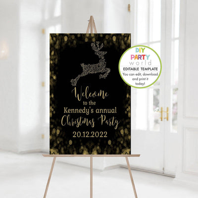 DIY Editable Black and Gold Reindeer Christmas Welcome Sign C1016 - DIY Party World