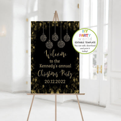 DIY Editable Black and Gold Baubles Christmas Party Welcome Sign C1016 - DIY Party World