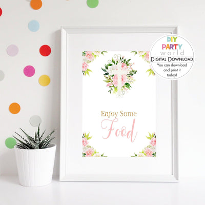 DIY Pink Floral White Cross Food Sign Printable R1003 - DIY Party World
