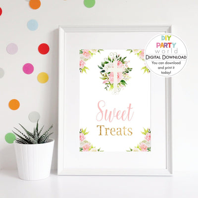 DIY Pink Floral White Cross Sweet Treats Sign Printable R1003 - DIY Party World
