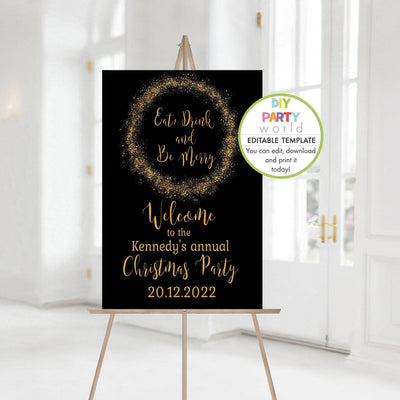 DIY Editable Golden Wreath Christmas Party Welcome Sign C1016 - DIY Party World