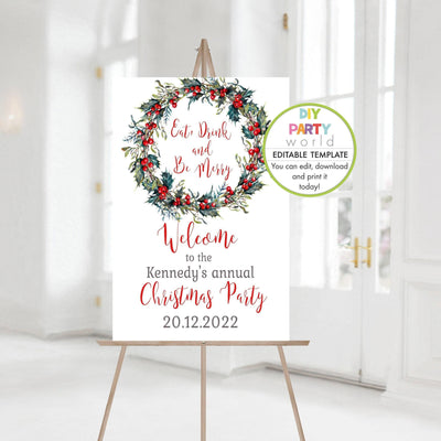 DIY Editable Holly Wreath Christmas Welcome Sign C1019 - DIY Party World