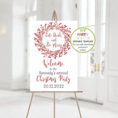 DIY Editable Red Berry Wreath Christmas Party Welcome Sign C1019 - DIY Party World