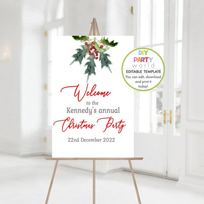 DIY Editable Holly Winter Party Welcome Sign Template C1019 - DIY Party World