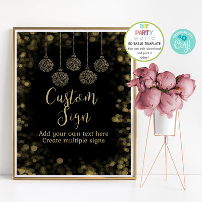 DIY Editable Black and Gold Baubles Christmas Party Sign Template C1016 - DIY Party World
