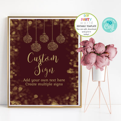 DIY Editable Burgundy and Gold Baubles Christmas Party Sign C1016 - DIY Party World