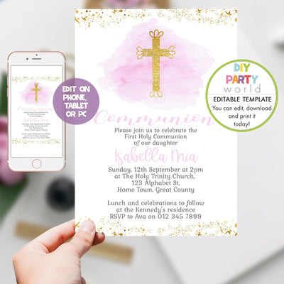 DIY Editable Pink First Communion Invitation R1002 - DIY Party World