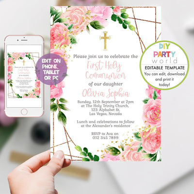DIY Editable Pink Floral First Holy Communion Invitation R1005 - DIY Party World
