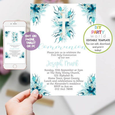 DIY Editable Blue Floral Communion Invitation R1004 - DIY Party World