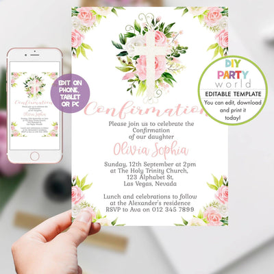 DIY Editable Pink Floral Confirmation Invite Template R1003 - DIY Party World