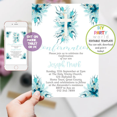 DIY Editable Blue Floral Confirmation Invitation R1004 - DIY Party World