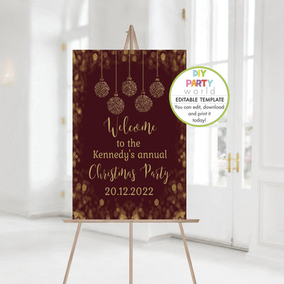 DIY Editable Burgungy and Gold Baubles Christmas Party Welcome Sign C1016 - DIY Party World