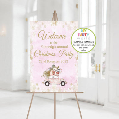 DIY Editable Pink Driving Home for Christmas Party Welcome Sign C1009 - DIY Party World