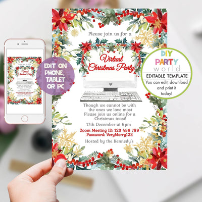 DIY Editable Winter Flowers Virtual Christmas Party Invitation C1019 - DIY Party World