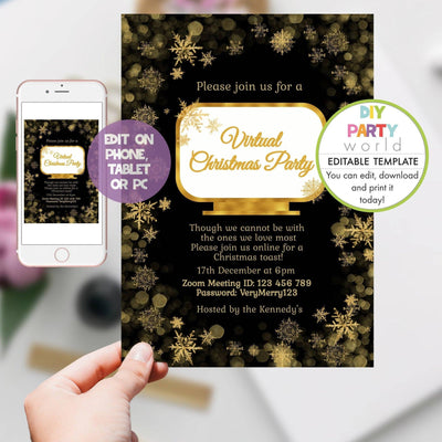 DIY Editable Black and Gold Snowflakes Virtual Christmas Party Invitation C1016 - DIY Party World