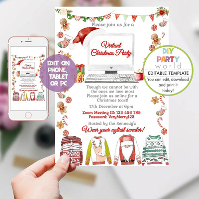 DIY Editable Virtual Christmas Invite Ugly Sweater Design C1021 - DIY Party World