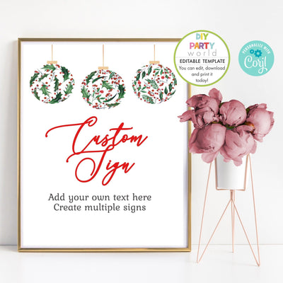 DIY Editable Holly Baubles Christmas Party Custom Sign Template C1019 - DIY Party World