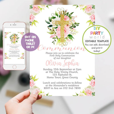 DIY Editable Pink Floral Gold Cross First Communion Invitation R1003 - DIY Party World