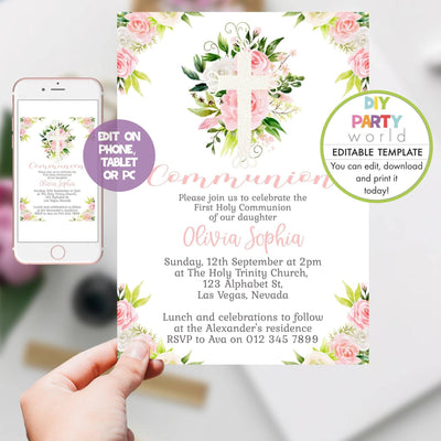 DIY Editable Pink Floral White Cross Communion Invitation R1003 - DIY Party World