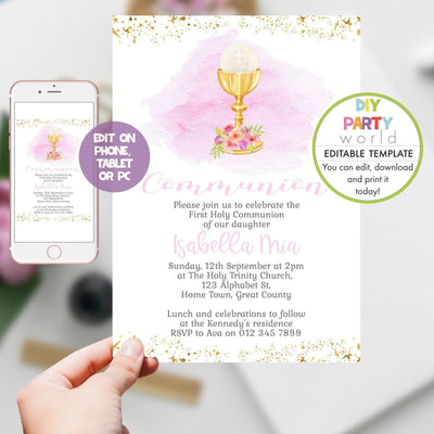 DIY Editable Pink First Holy Communion Invitation R1002 - DIY Party World
