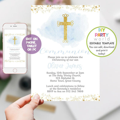DIY Editable Blue Gold Cross First Holy Communion Invitation R1002 - DIY Party World