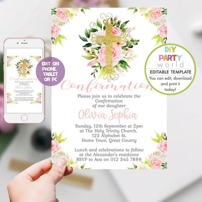 DIY Editable Pink Floral Confirmation Invitation Template R1003 - DIY Party World