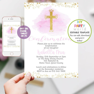 DIY Editable Pink Confirmation Invitation R1002 - DIY Party World