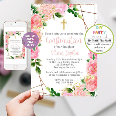 DIY Editable Pink Floral Confirmation Invitation R1005 - DIY Party World