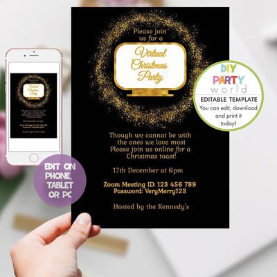 DIY Editable Virtual Golden Wreath Christmas Invitation C1016 - DIY Party World