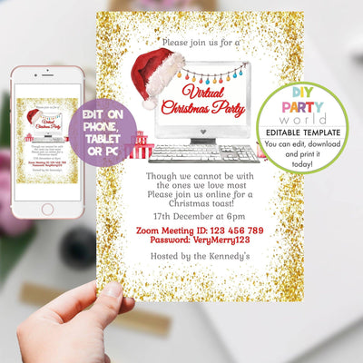 DIY Editable Santa Hat Digital Online Christmas Party Invitation C1017 - DIY Party World